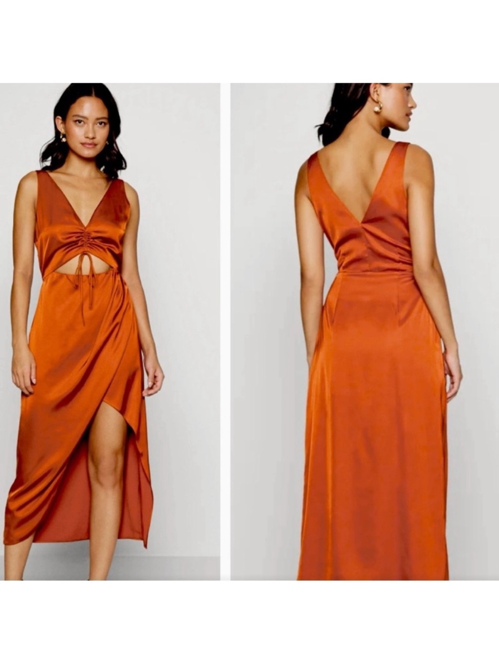Abercrombie & Fitch cinch front satin sleeveless midi dress in paprika size Med
